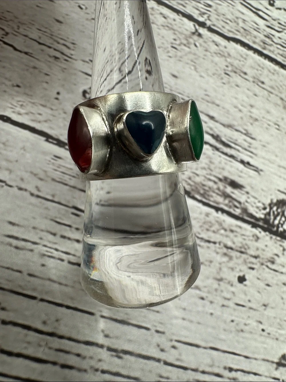 Taxco Silver Band Ring with Red, Blue and Green Accents